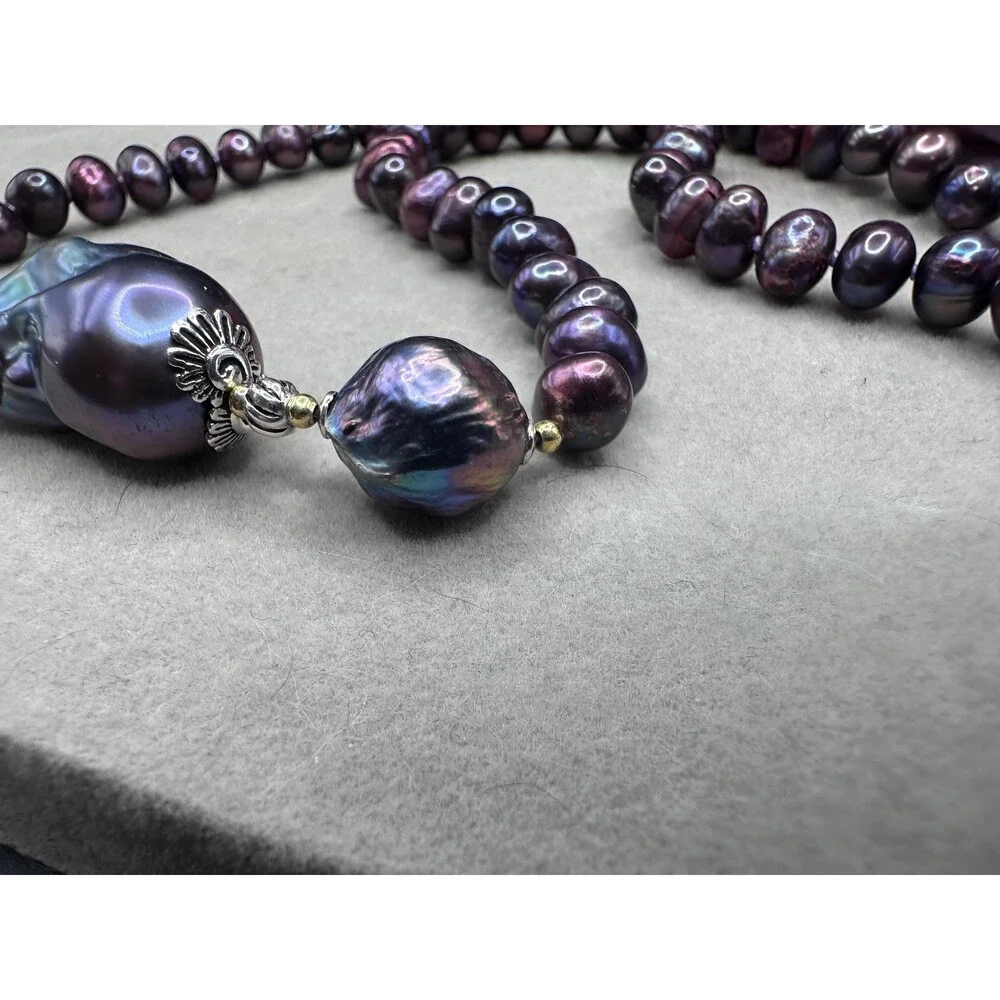 Baroque purple pearl necklace 925 sterling silver bi metal gold and silver jewel